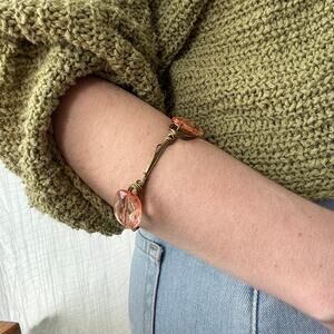 Goldtone Twisted Wire Wrapped Bracelet Three Large Light Pink Fashion Gemstones